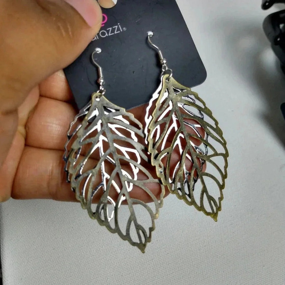 Brass Silver Leaf Earrings - Picture 2 of 2